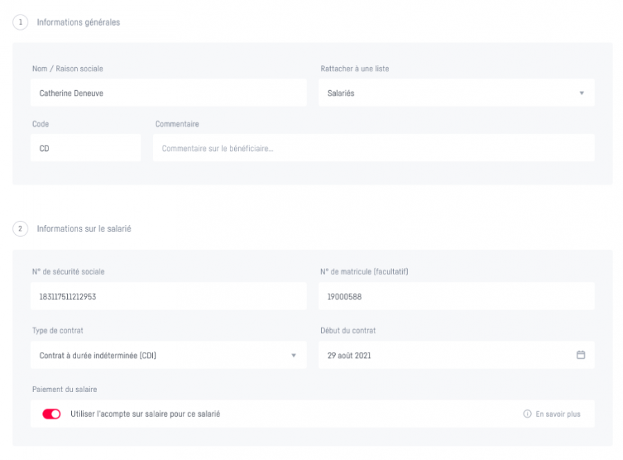 Activation de l'acompte sur salaire depuis la section Virements